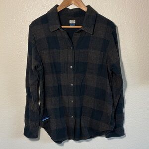 Kavu 100% Cotton Heather Brown Navy Plaid Flannel Button Down Shirt Size Small